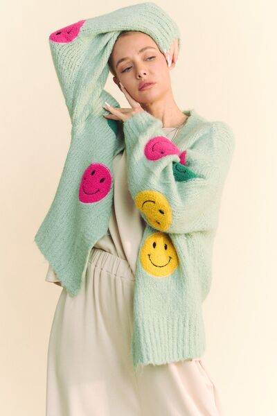 Davi & Dani Fuzzy Smile Open Front Long Sleeve Cardigan - Hovatok