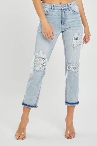 RISEN Mid-Rise Sequin Patched Jeans - Hovatok