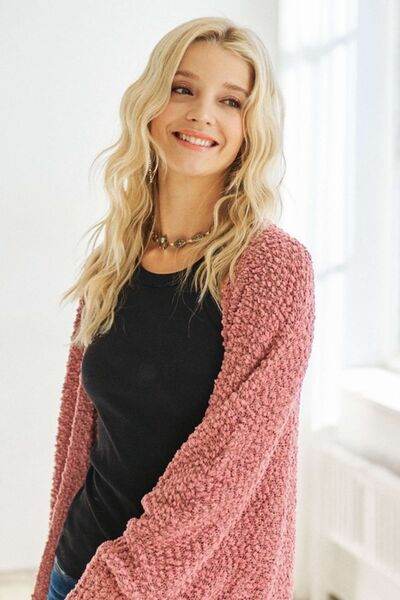 ADORA Popcorn Knit Open Front Long Sleeve Cardigan - Hovatok