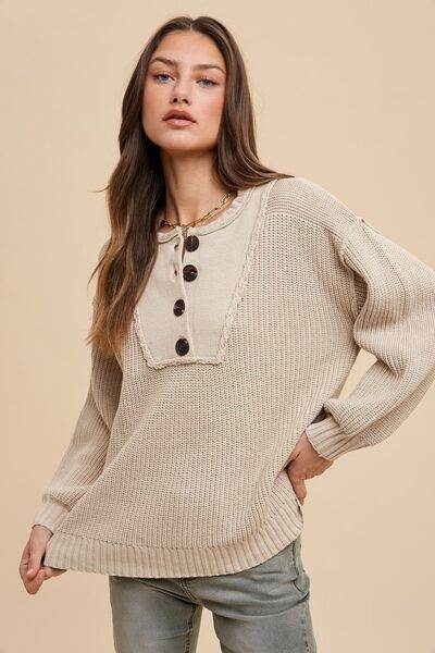 Annie Wear Half Button Ribbed Hem Sweater - Hovatok