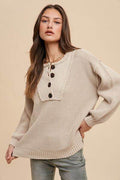 Annie Wear Half Button Ribbed Hem Sweater - Hovatok