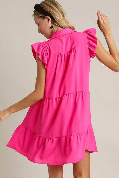 Umgee Full Size Johnny Collar Ruffle Cap Sleeve Tiered Dress Plus Size - Hovatok