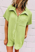 Textured Short Sleeve Patched Pocket Buttoned Romper - Hovatok