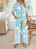 Devine Printed Collared Neck Half Sleeve Top and Pants Set - Hovatok