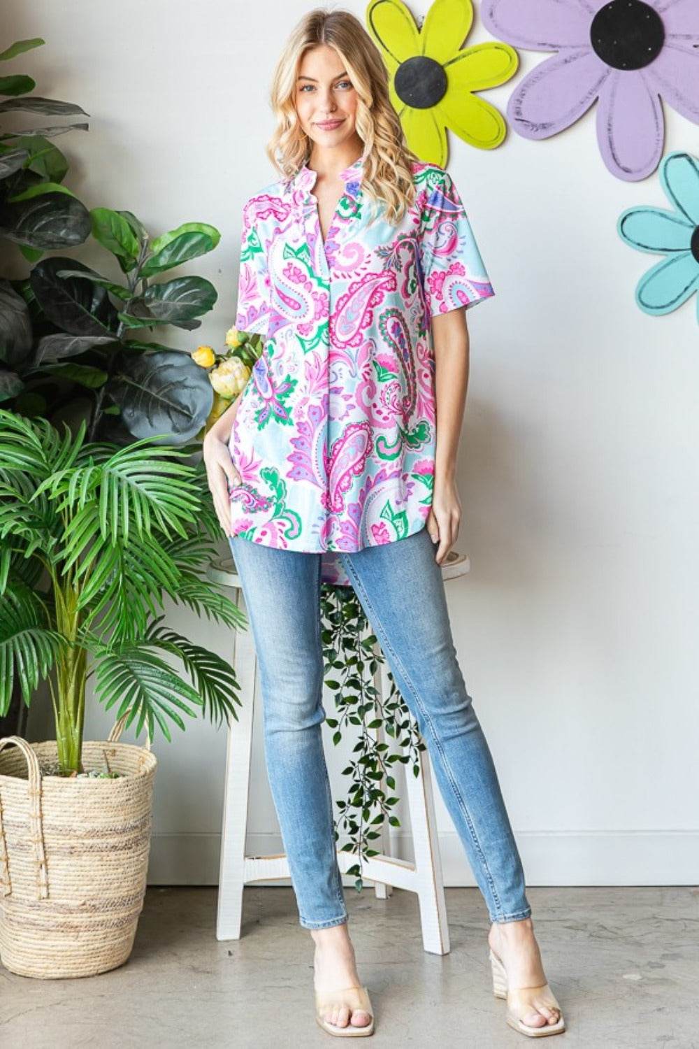 Heimish Full Size Paisley Print Short Sleeve Top - Hovatok