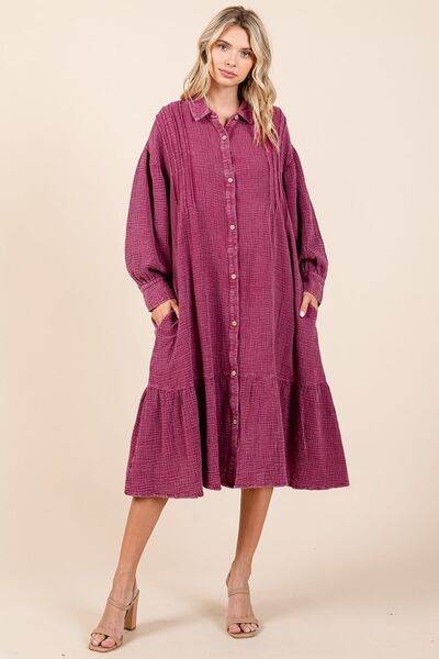 Mittoshop Mineral Wash Cotton Gauze Ruffle Midi Shirt Dress - Hovatok