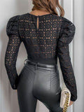 Perfee Lace Round Neck Puff Sleeve Bodysuit - Hovatok