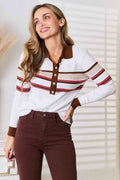 Basic Bae Striped Collared Neck Rib-Knit Top - Hovatok