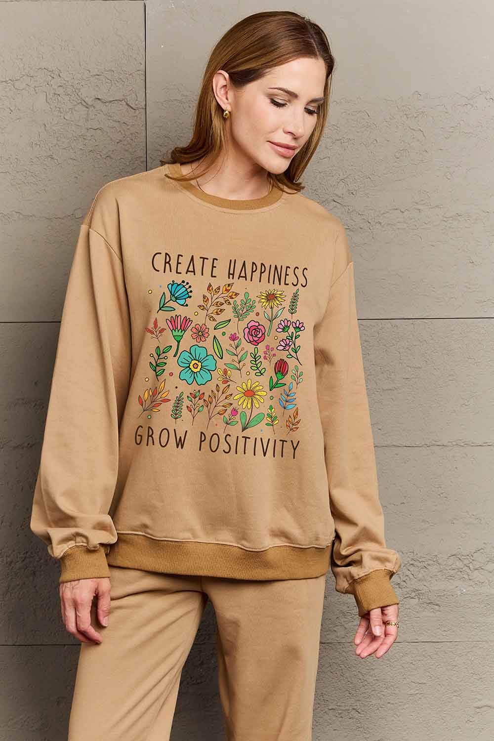 Simply Love Full Size CREATE HAPPINESS GROW POSITIVITY Graphic Sweatshirt - Hovatok