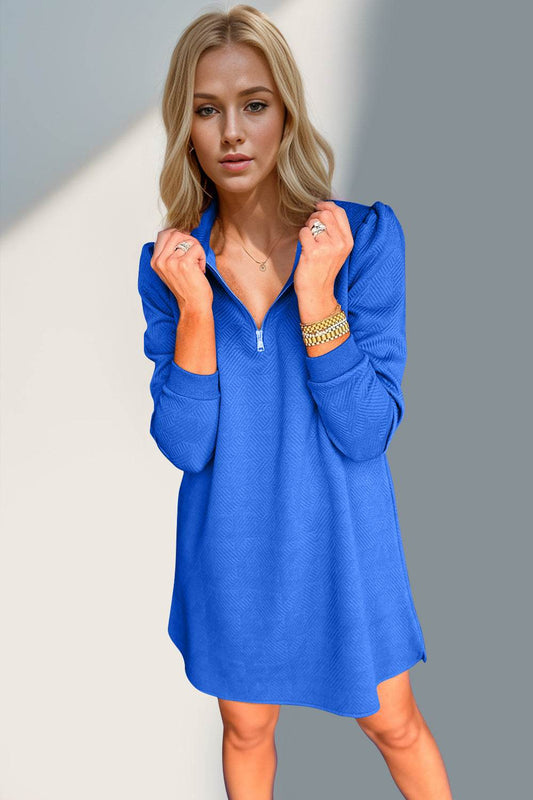 Double Take Textured Quarter Zip Long Sleeve Dress - Hovatok
