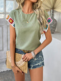 Devine Swiss Dot Round Neck Crochet Short Sleeve Top - Hovatok