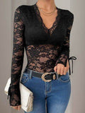Perfee Lace V-Neck Long Sleeve Bodysuit - Hovatok