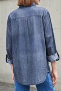 Pocketed Collared Neck Long Sleeve Denim Top - Hovatok