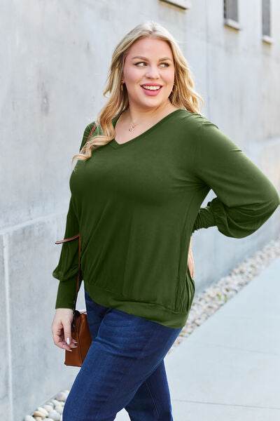Basic Bae Full Size V-Neck Lantern Sleeve Top - Hovatok