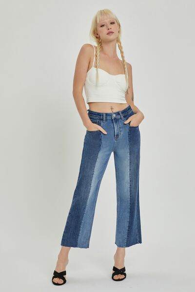 RISEN Full Size Mid-Rise Waist Two-Tones Jeans with Pockets - Hovatok