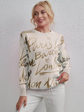 Drawstring Hem Letter Pattern Round Neck Dropped Shoulder Sweater - Hovatok