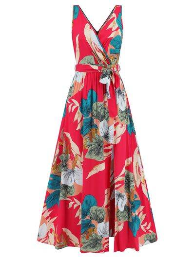 Slit Tied Printed Surplice Dress - Hovatok