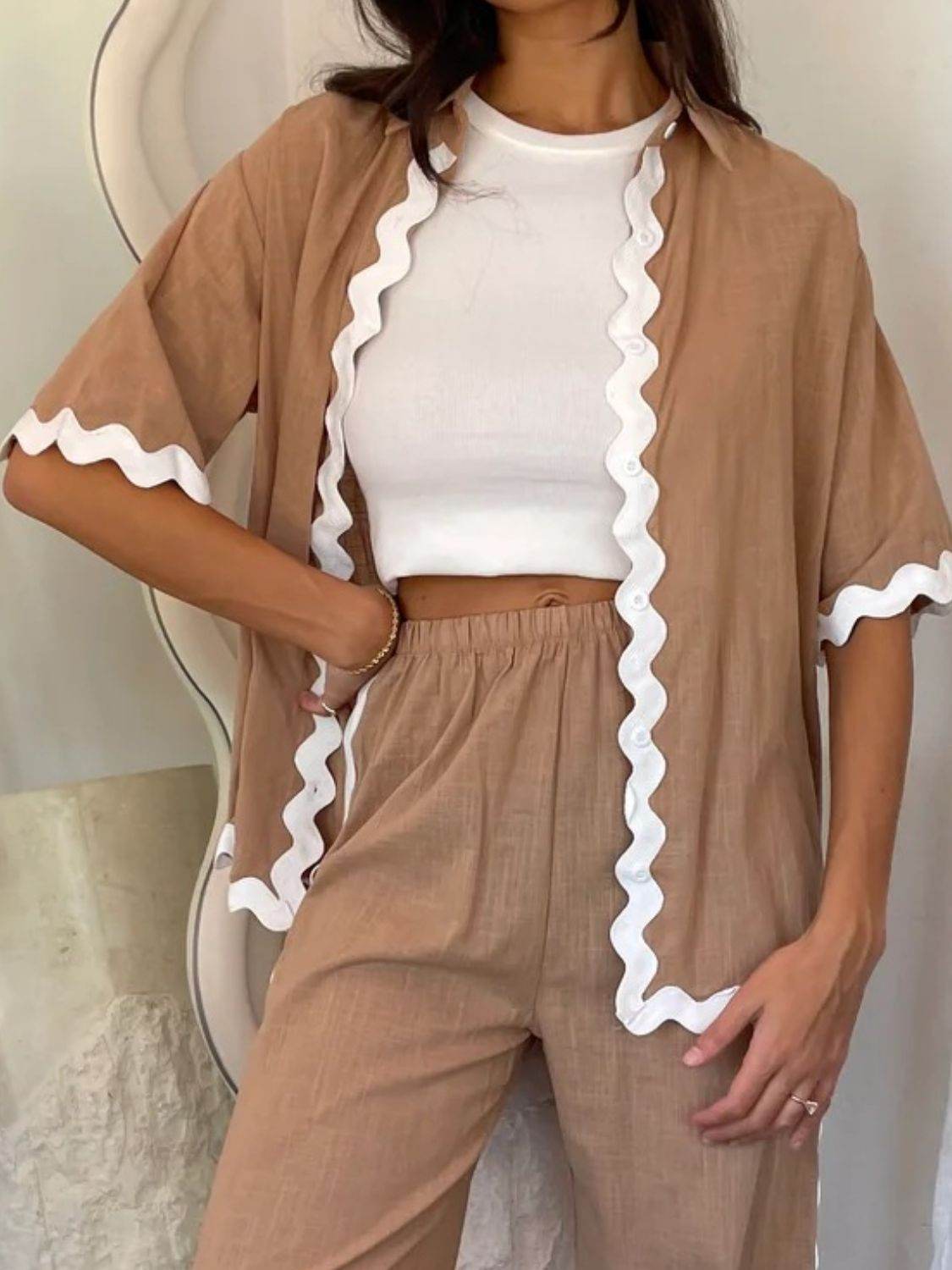 Contrast Trim Half Sleeve Top and Pants Set - Hovatok