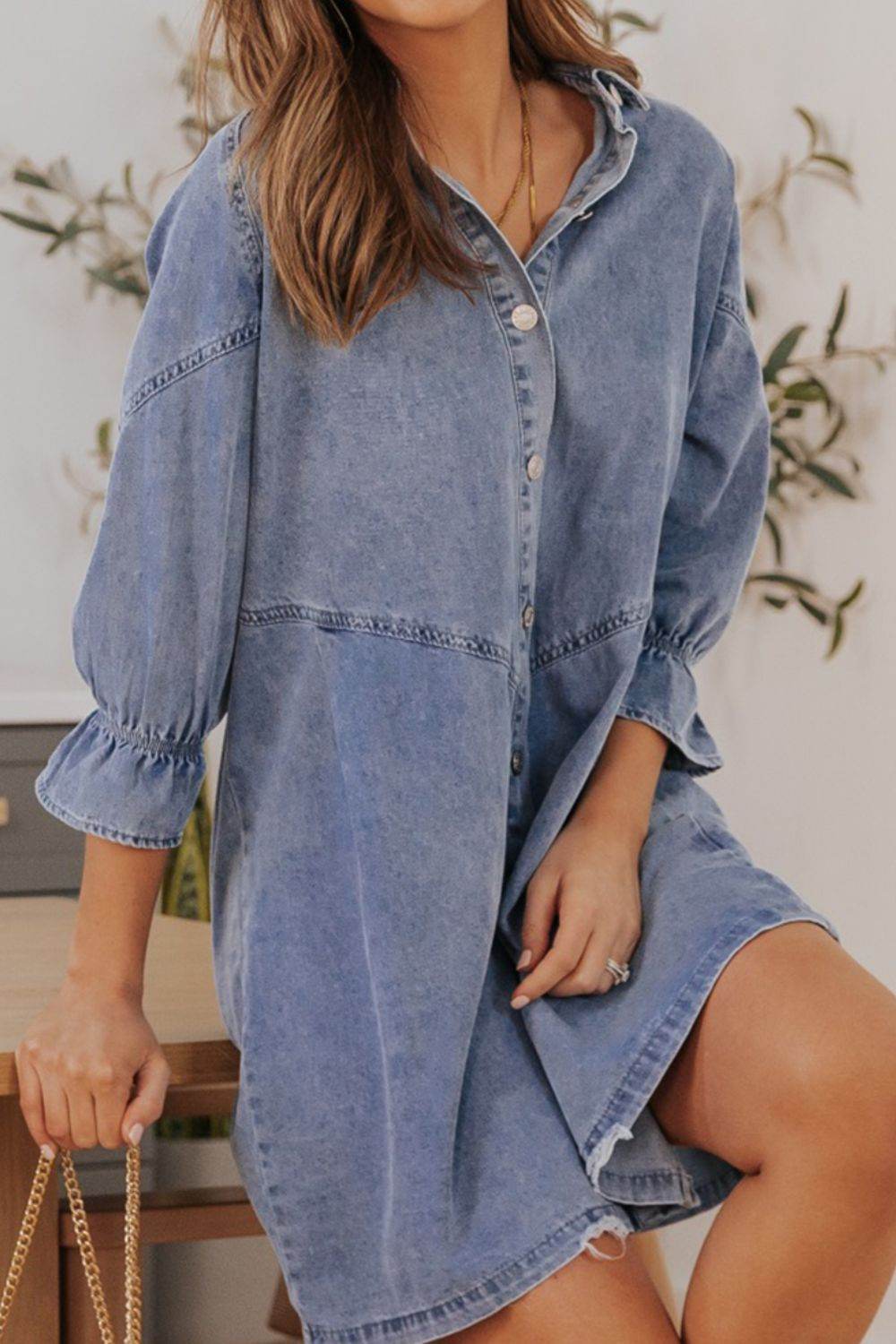 Distressed Collared Neck Flounce Sleeve Denim Dress - Hovatok