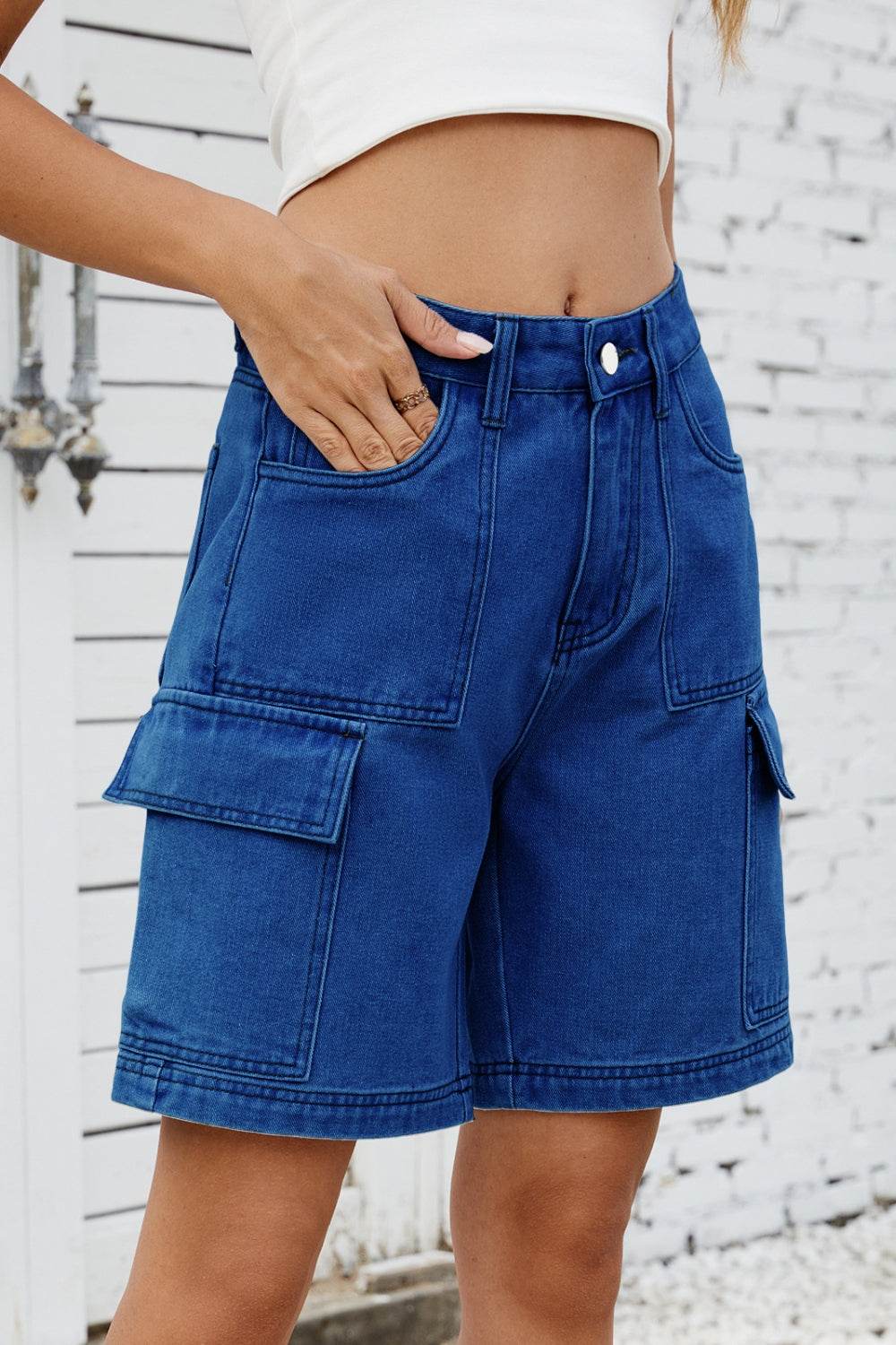 High Rise Denim Shorts with Cargo Pockets - Hovatok