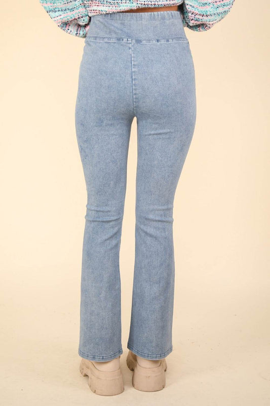 VERY J Washed Denim Stretchy Crossover Waist Leggings - Hovatok