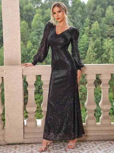 Sequin V-Neck Lantern Sleeve Maxi Dress - Hovatok