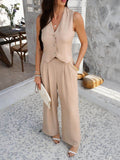 Devine Button Down Vest and Wide Leg Pants Set - Hovatok