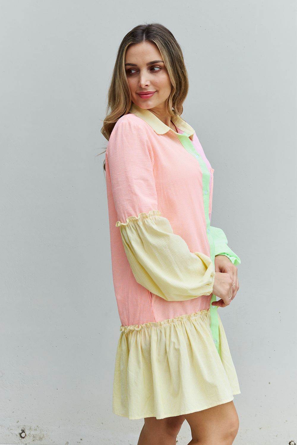 Davi & Dani Flying Colors Full Size Colorblock Long Sleeve Shirt Dress - Hovatok