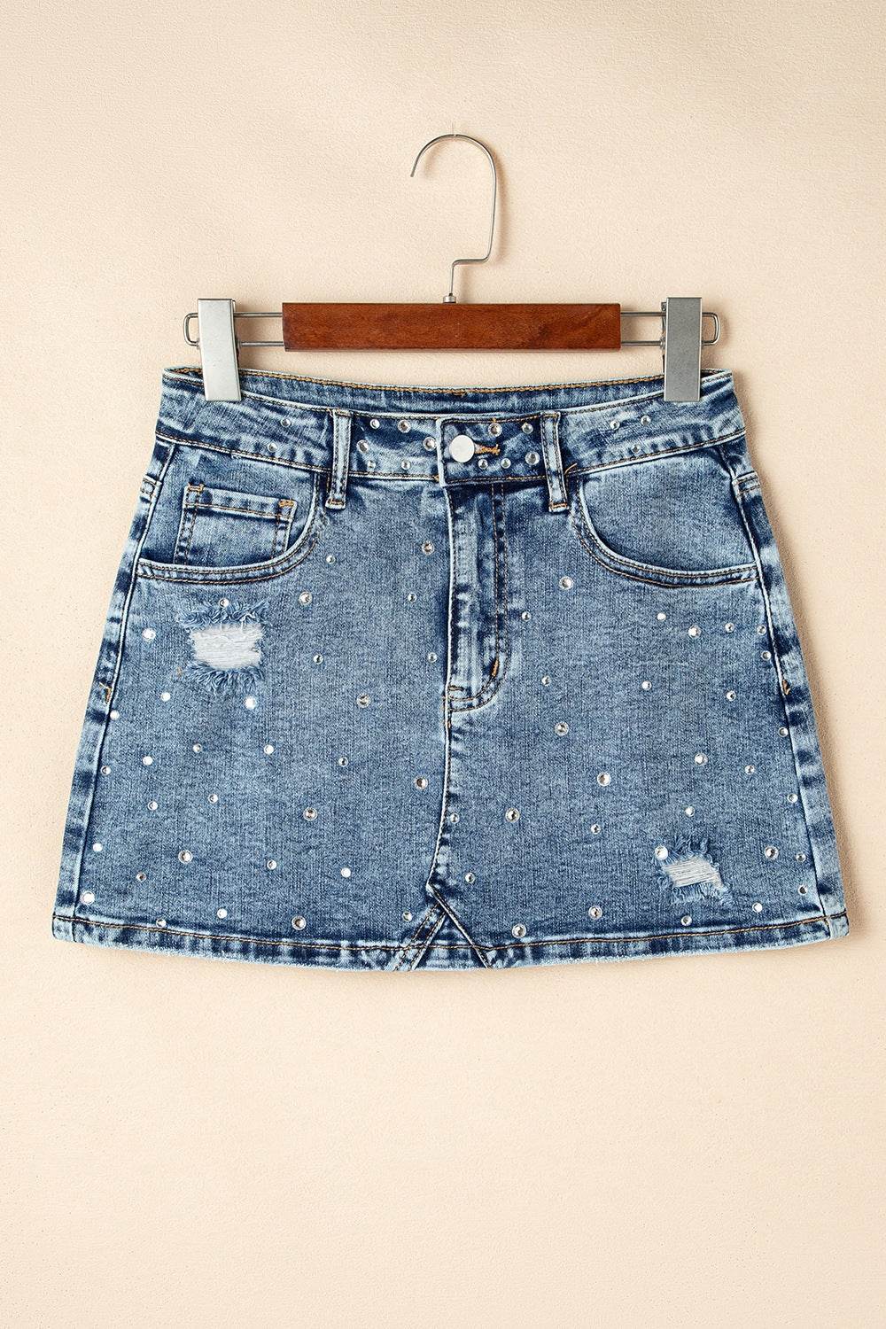 Rhinestone Distressed Denim Mini Skirt - Hovatok