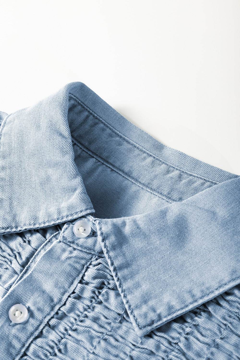 Smocked Collared Neck Cap Sleeve Denim Dress - Hovatok