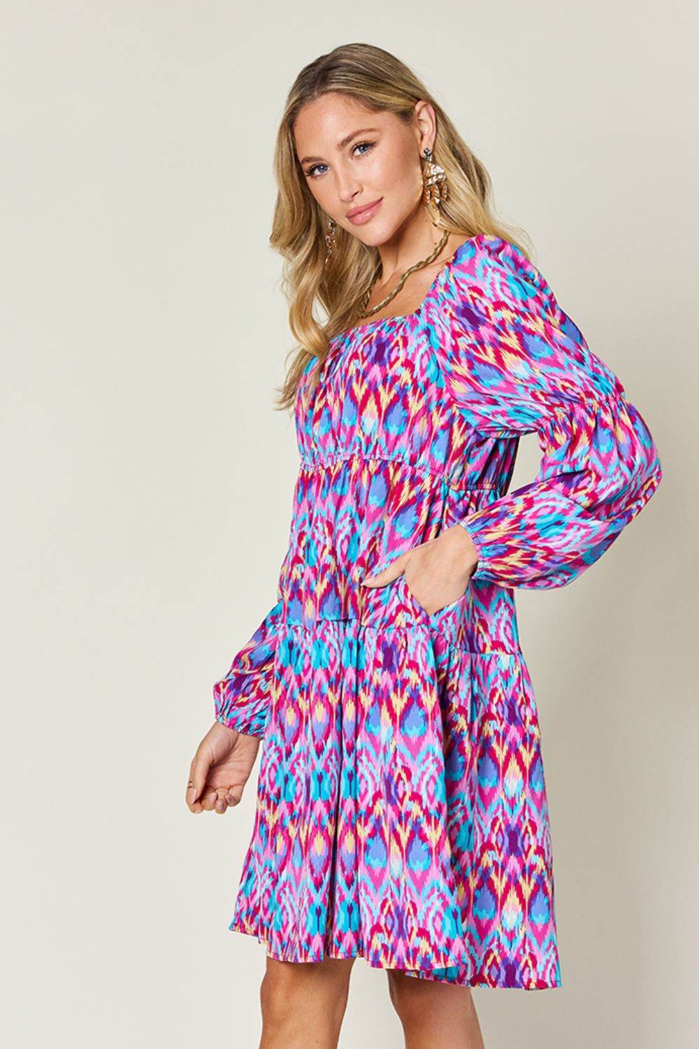 Double Take Full Size Printed Long Sleeve Dress - Hovatok