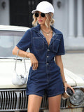 Collared Neck Short Sleeve Denim Romper with Pockets - Hovatok