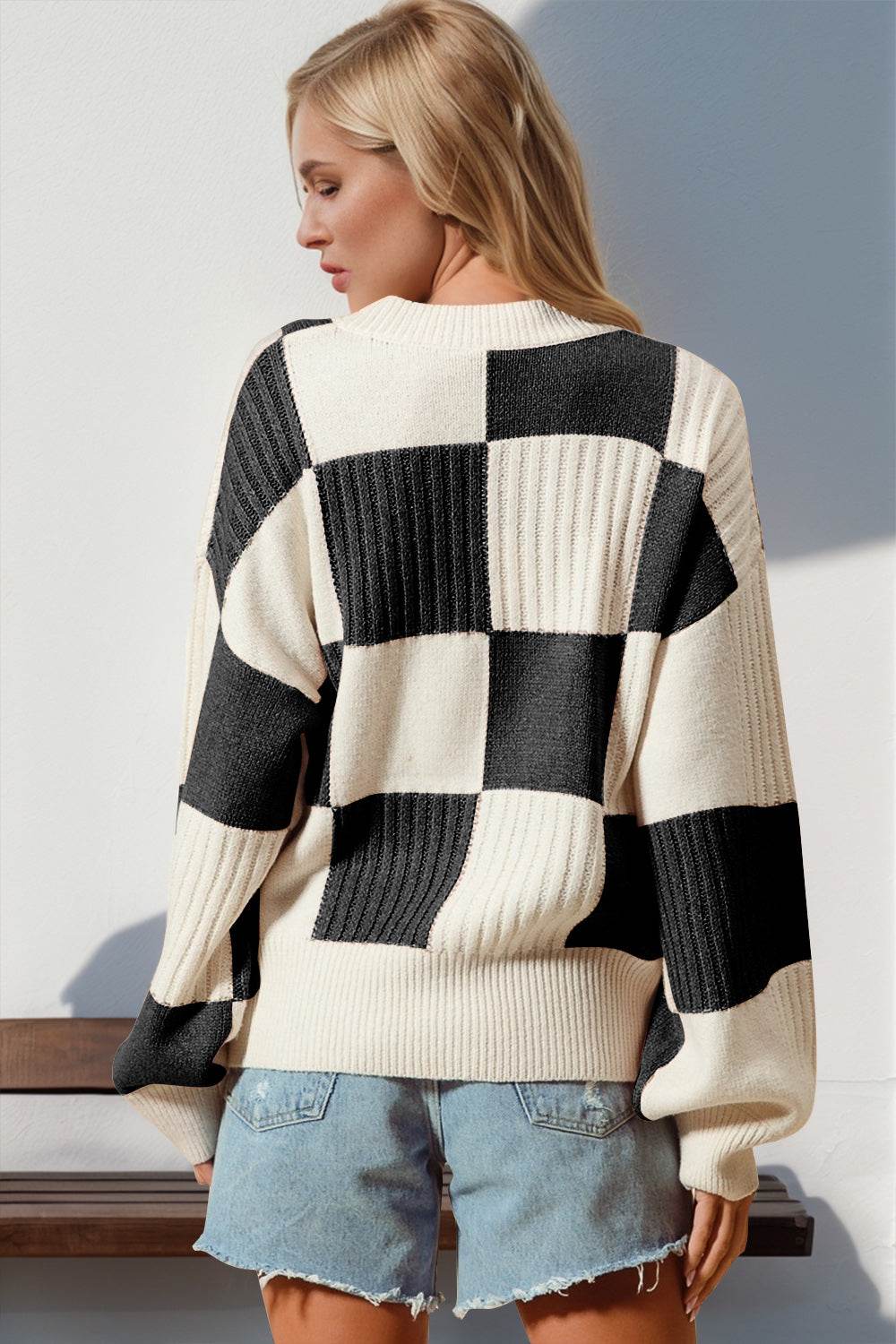 Double Take Full Size Checkered Dropped Shoulder Cardigan - Hovatok