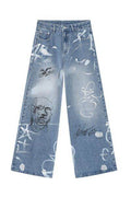 Mid Rise Graffiti Print Distressed Wide Leg Jeans - Hovatok