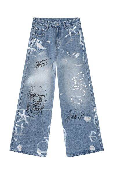 Mid Rise Graffiti Print Distressed Wide Leg Jeans - Hovatok