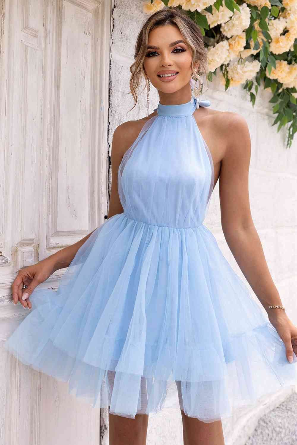 Halter Neck Backless Mesh Dress - Hovatok