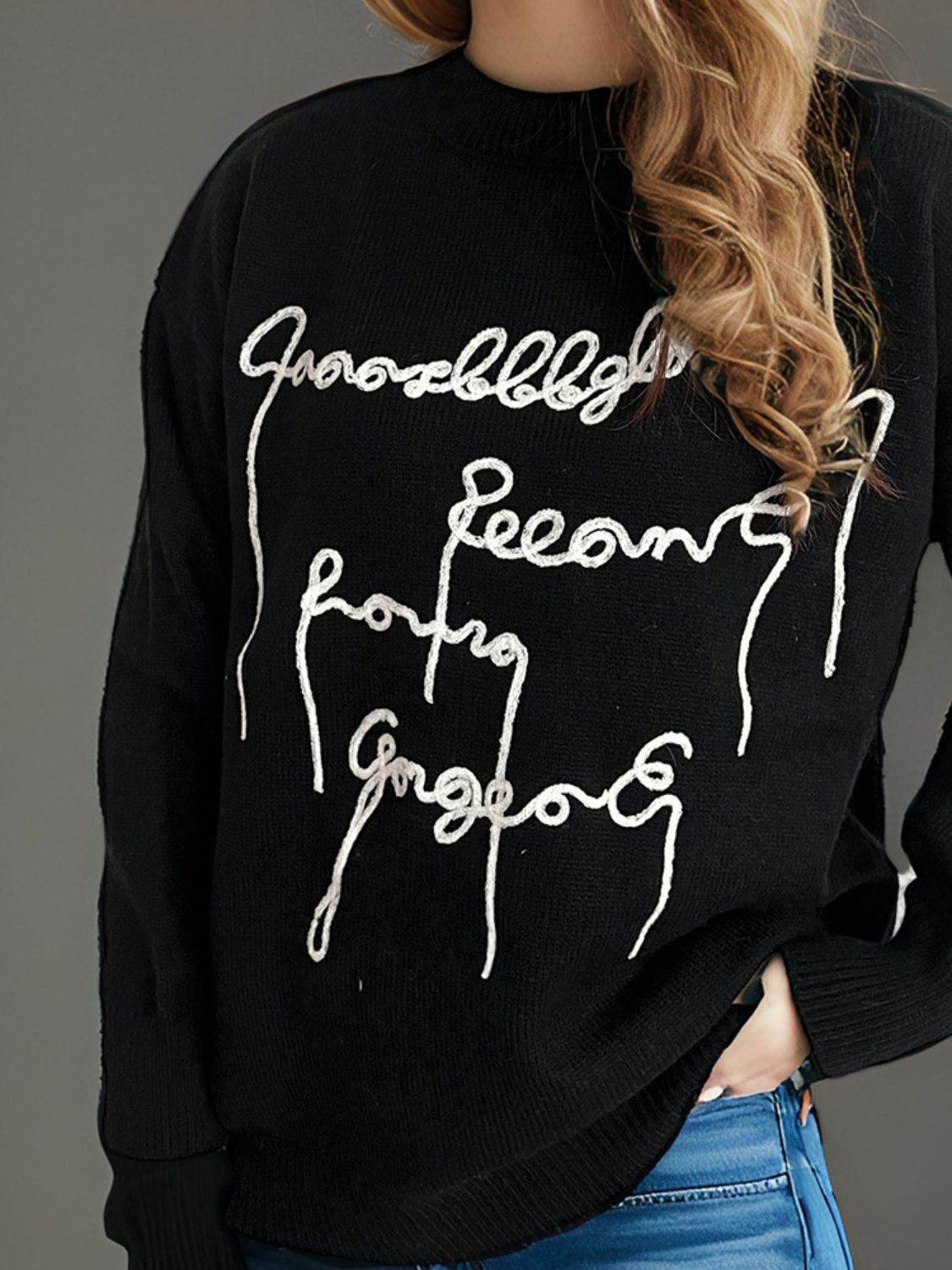 Letter Contrast Round Neck Dropped Shoulder Sweater - Hovatok