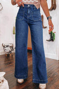 Front Pocket Patch High Waisted Wide Leg Jeans - Hovatok