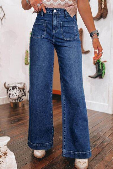 Front Pocket Patch High Waisted Wide Leg Jeans - Hovatok