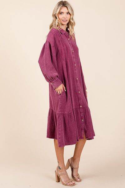 Mittoshop Mineral Wash Cotton Gauze Ruffle Midi Shirt Dress - Hovatok