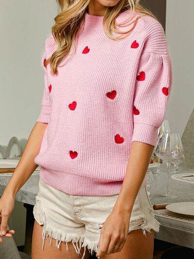 Heart Embroidered Dropped Shoulder Sweater - Hovatok