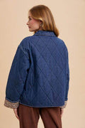 Annie Wear Quilted Printed Lining Snap Down Denim Jacket - Hovatok
