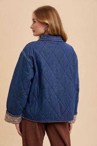 Annie Wear Quilted Printed Lining Snap Down Denim Jacket - Hovatok