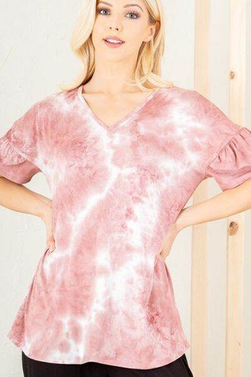 Heimish Full Size Ruffled Sleeve Tie Dye Top Plus Size - Hovatok