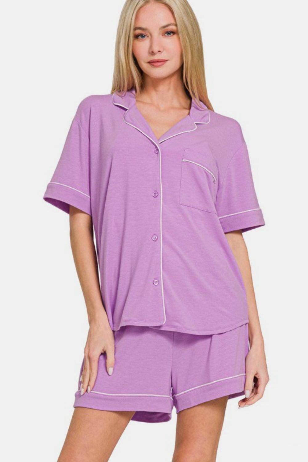 Zenana Button Down Short Sleeve Top and Shorts Lounge Set - Hovatok