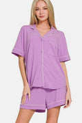 Zenana Button Down Short Sleeve Top and Shorts Lounge Set - Hovatok