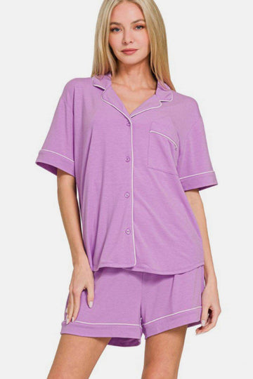 Zenana Button Down Short Sleeve Top and Shorts Lounge Set - Hovatok