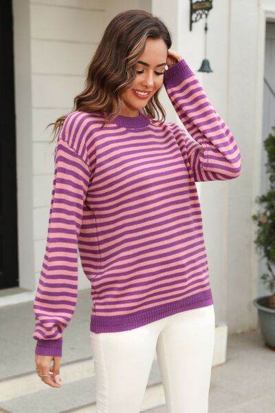 Angel Wings Striped Round Neck Dropped Shoulder Sweater - Hovatok