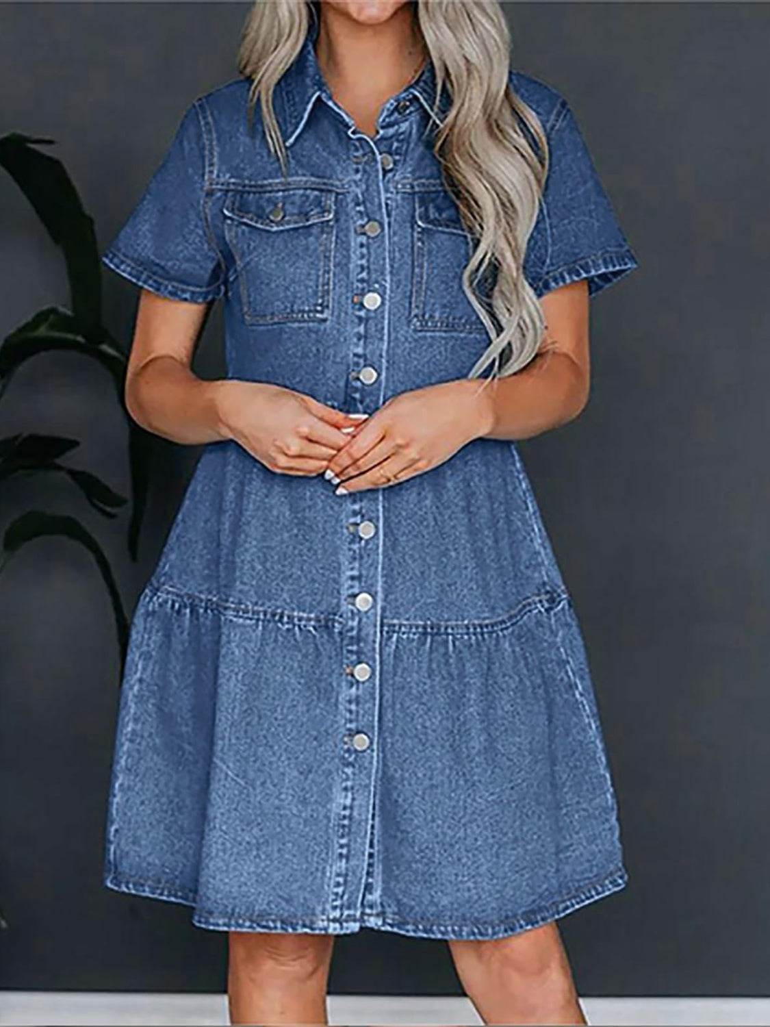 Pocketed Button Up Collared Neck Short Sleeve Denim Dress - Hovatok