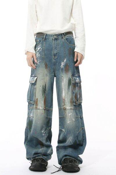 Waste Soil Style Jeans with Cargo Pockets - Hovatok